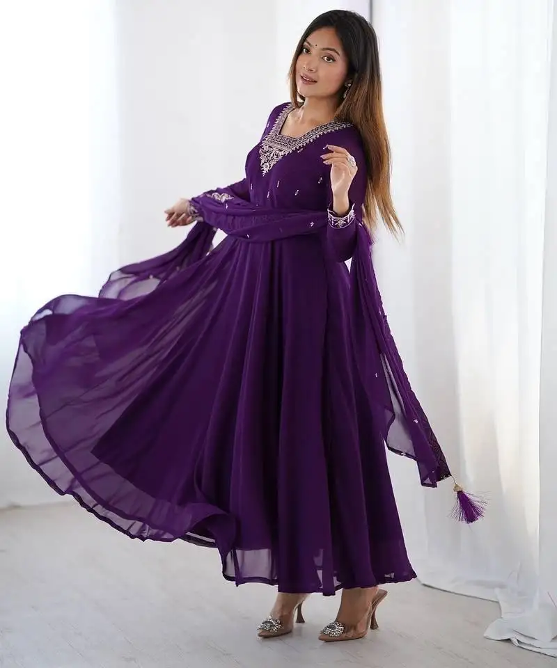 Purple anarkali set with heavy embroidery, dupatta & full stitch finish stitched