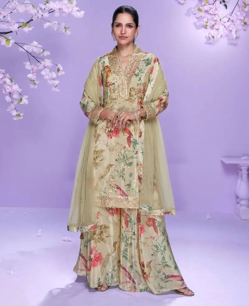 Beige hand work embroidered, mirror work & printed chinnon straight palazzo suit - free size stitching (size upto 42") stitched