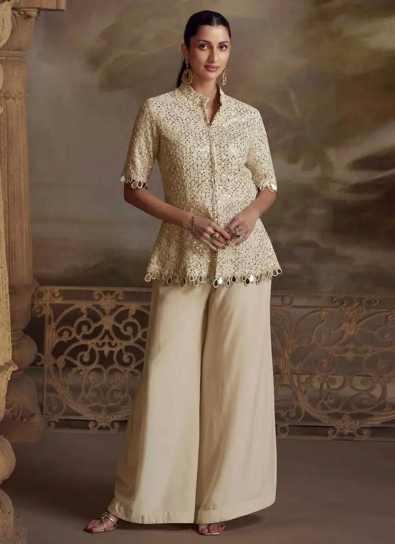 Cream embroidery, mirror work, stone & sequins viscos straight kurta palazzo suit - free size stitching (size upto 42") stitched