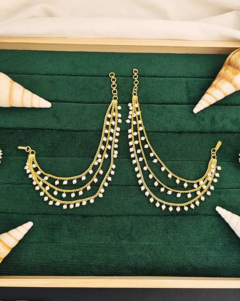 Traditional gold-plated pearl ear chain earrings, 3-layer cascading design, white beads