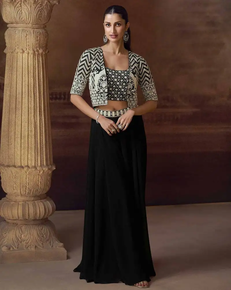 Black embroidery, mirror, stone & sequins work chinnon silk blouse palazzo suit - free size stitching (size upto 42") stitched