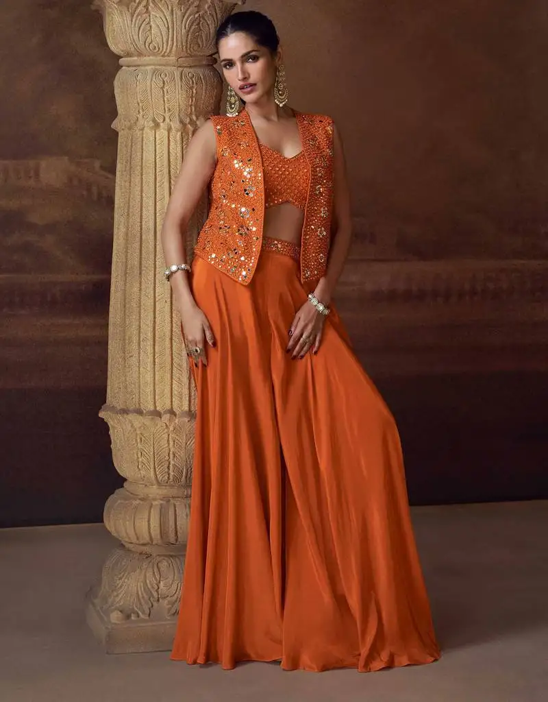 Orange embroidery, mirror, stone & sequins work chinnon silk blouse palazzo suit - free size stitching (size upto 42") stitched