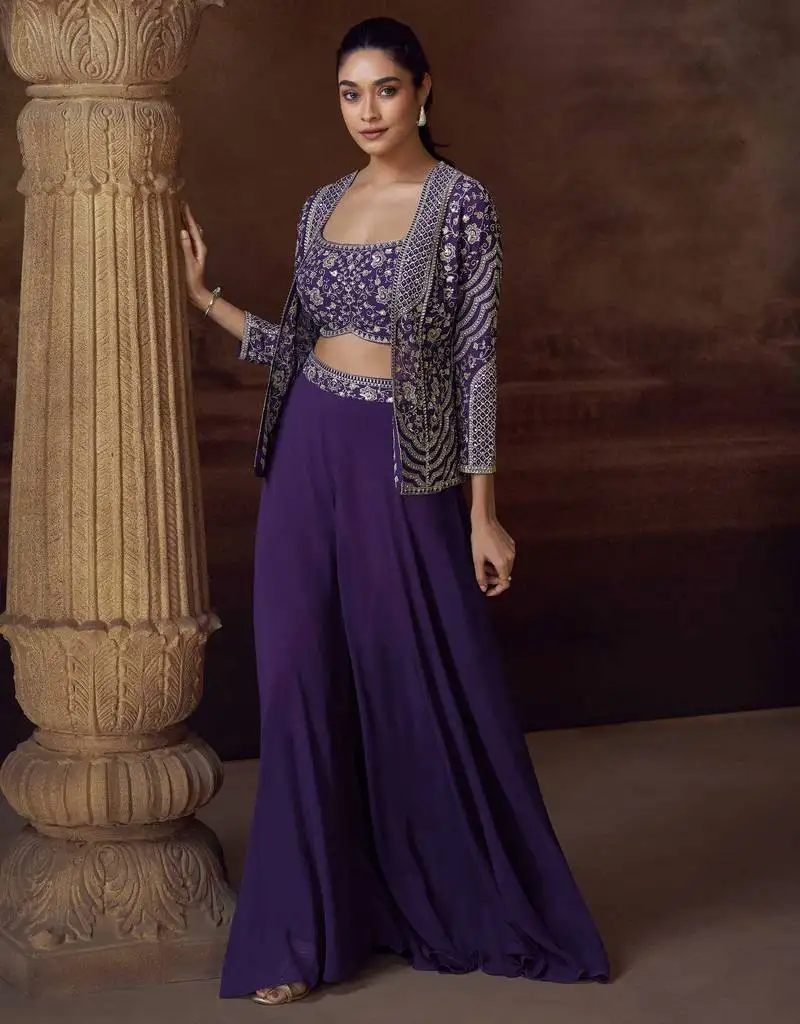 Purple embroidery, mirror, stone & sequins work chinnon silk blouse palazzo suit - free size stitching (size upto 42") stitched