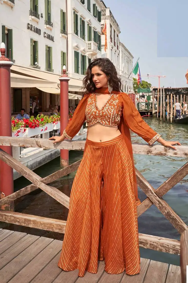 Orange embroiderystone & sequins work viscos jacquard silk blouse palazzo suit - free size stitching (size upto 42") stitched