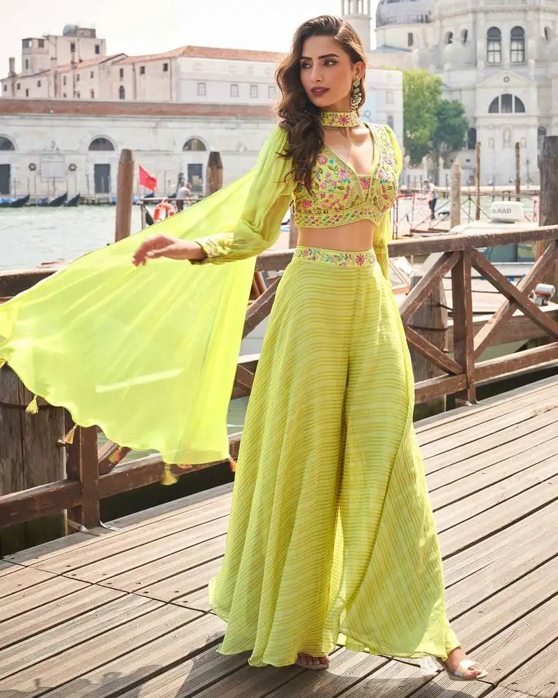 Lime yellow embroidery,sequins work viscos jacquard silk blouse palazzo suit - free size stitching (size upto 42") stitched