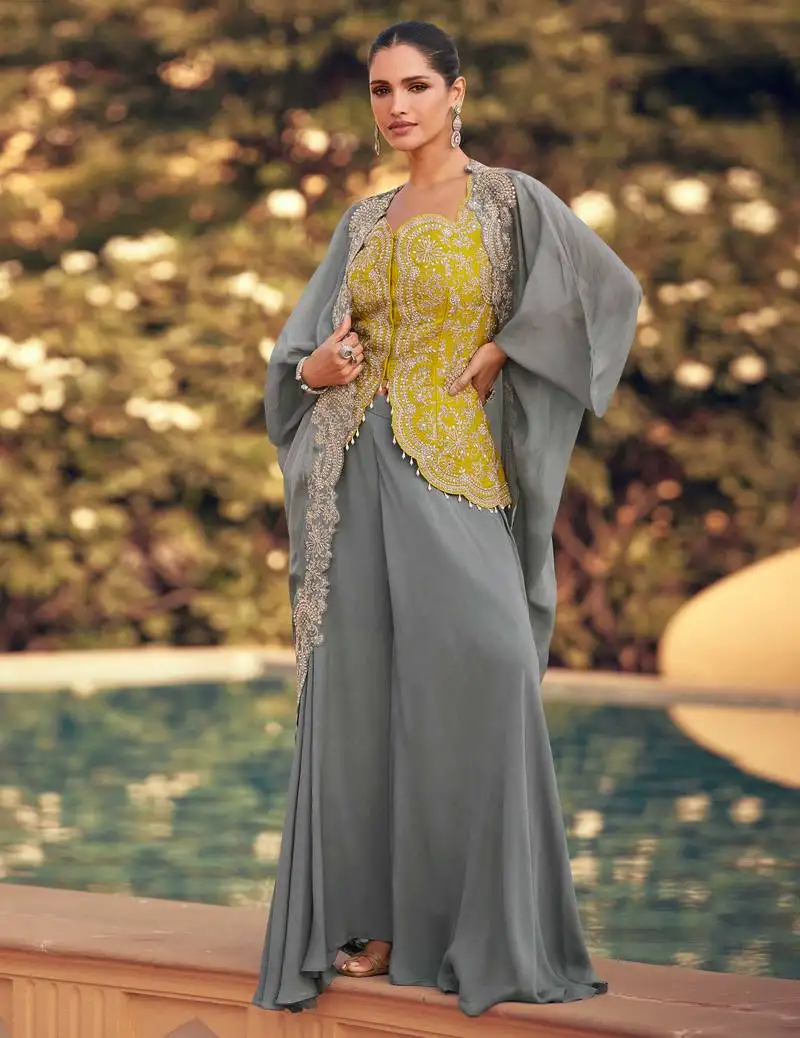 Yellow embroidery & sequins work chinnon silk long blouse palazzo suit - free size stitching (size upto 42") stitched