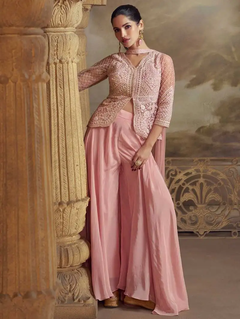 Rose pink embroidery, mirror work,sequins viscos straight kurta palazzo suit - free size stitching (size upto 42") stitched
