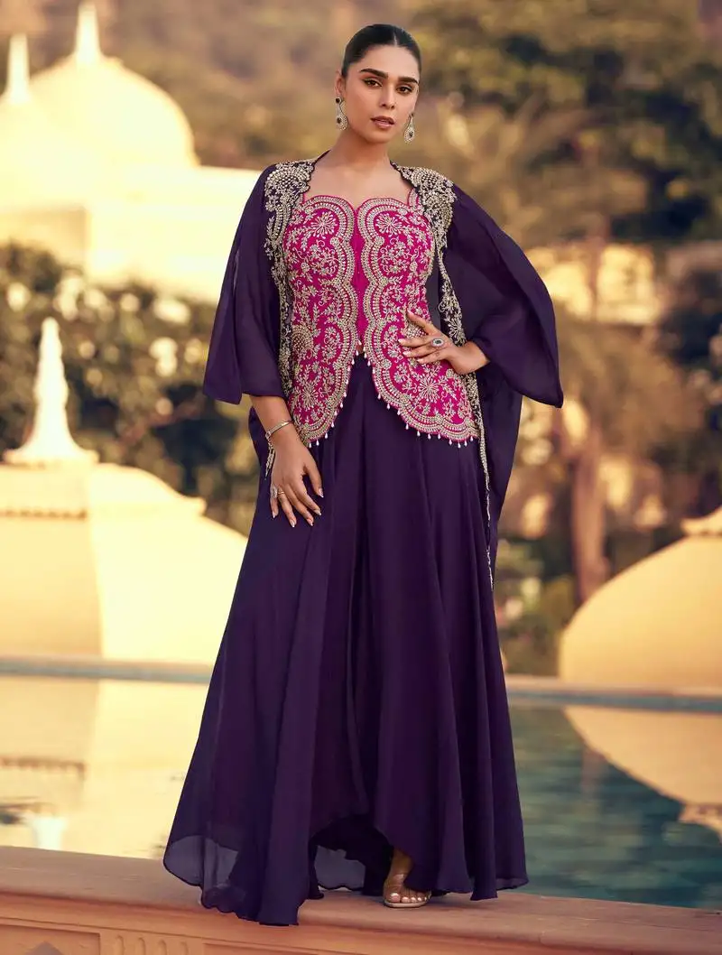 Pink embroidery & sequins work chinnon silk long blouse palazzo suit - free size stitching (size upto 42") stitched
