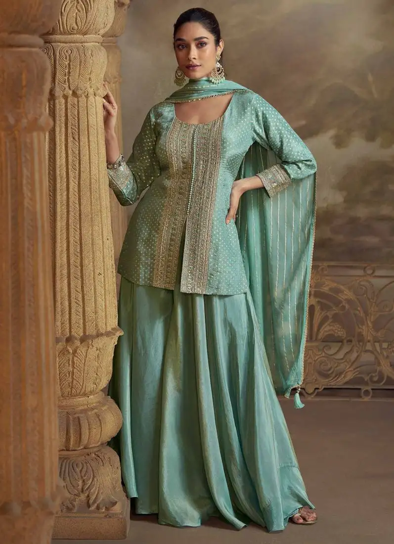Sea green embroidery, mirror stone & sequins viscos straight kurta palazzo suit - free size stitching (size upto 42") stitched