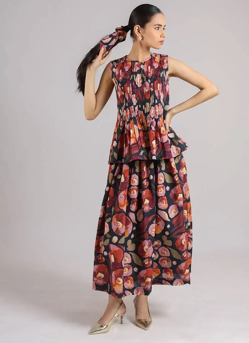 Black floral printed cotton skirt and top set