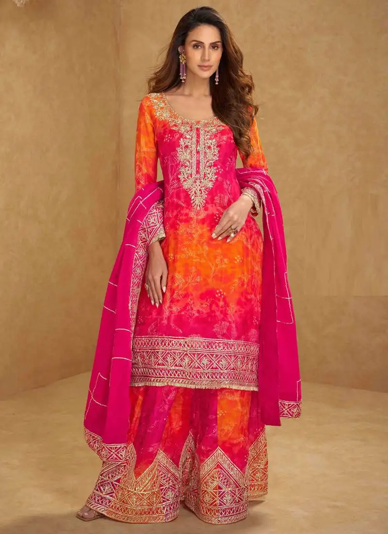 Orange & pink embroidery, mirror,gota work,chinnon silk straight sharara suit-free size stitching (size upto 42") stitched