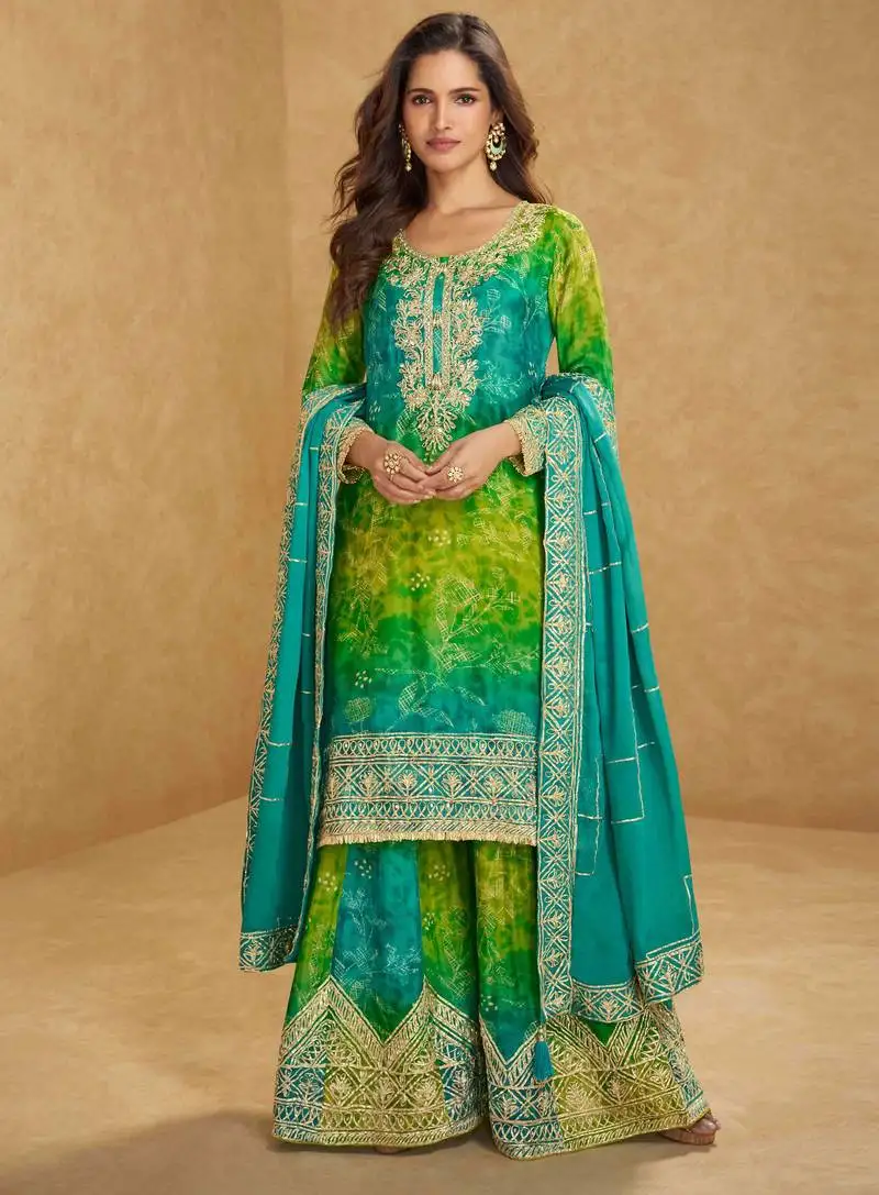 Lime green & blue embroidery, mirror, gota work,chinnon silk straight sharara suit- free size stitching (size upto 42") stitched