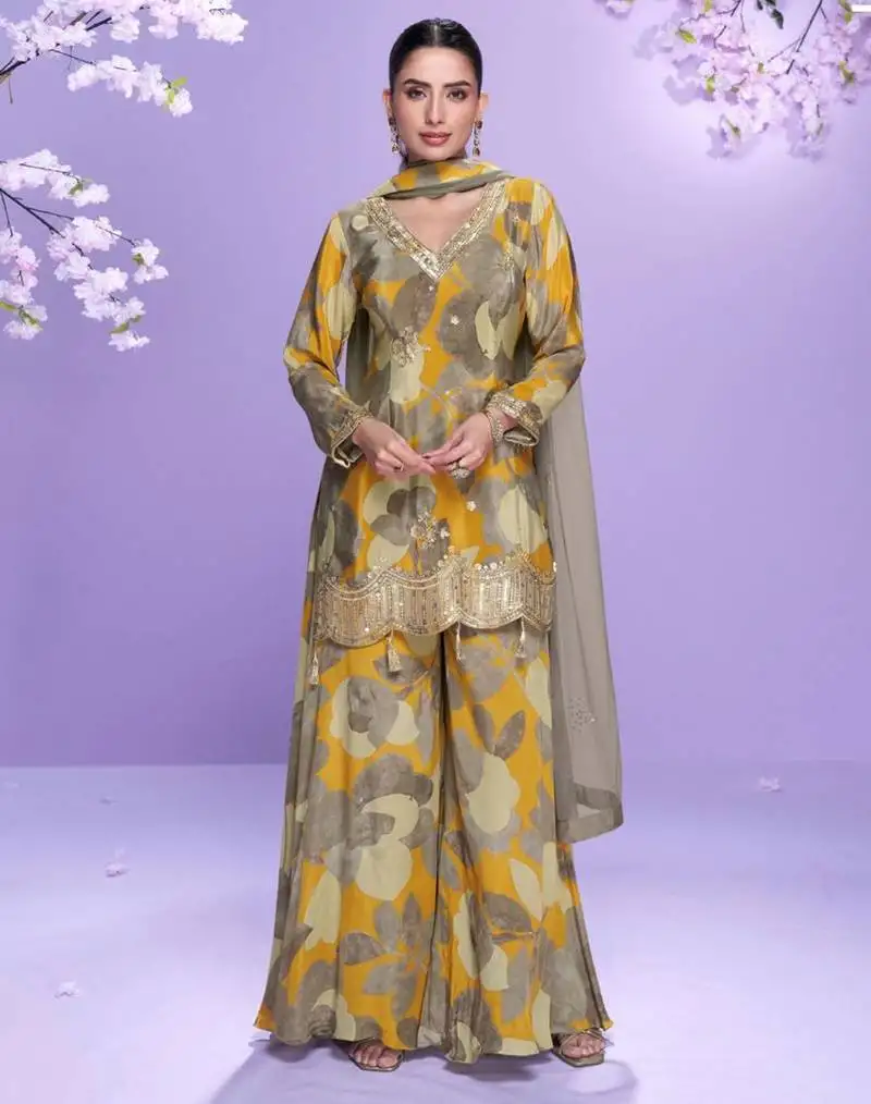 Mustard embroidered, mirror work & printed chinnon straight palazzo suit - free size stitching (size upto 42") stitched