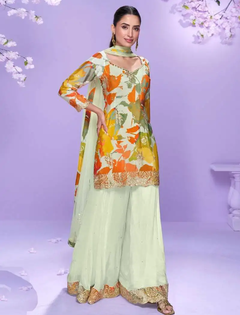 Off white hand work embroidered, mirror work & printed chinnon straight palazzo suit-free size stitching (size upto 42") stitched