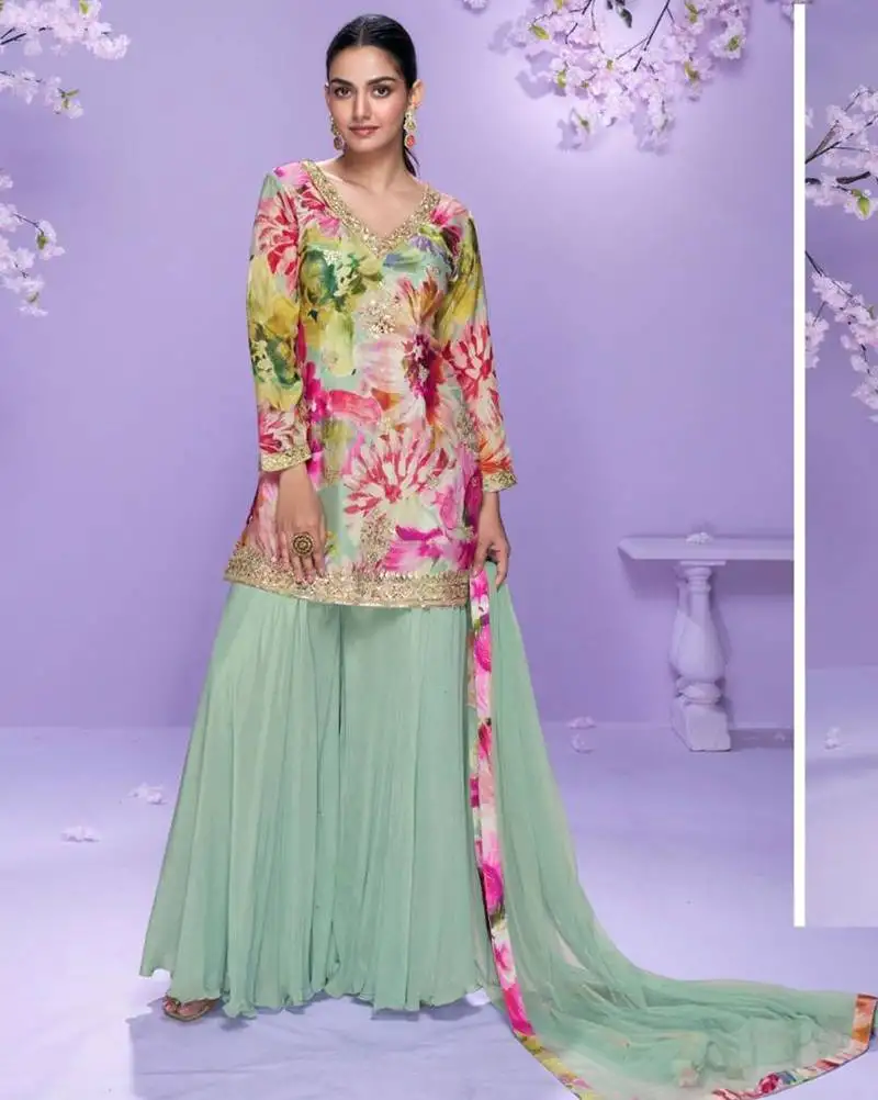 Multicolorembroidered, mirror work & printed chinnon straight palazzo suit-free size stitching (size upto 42") stitched