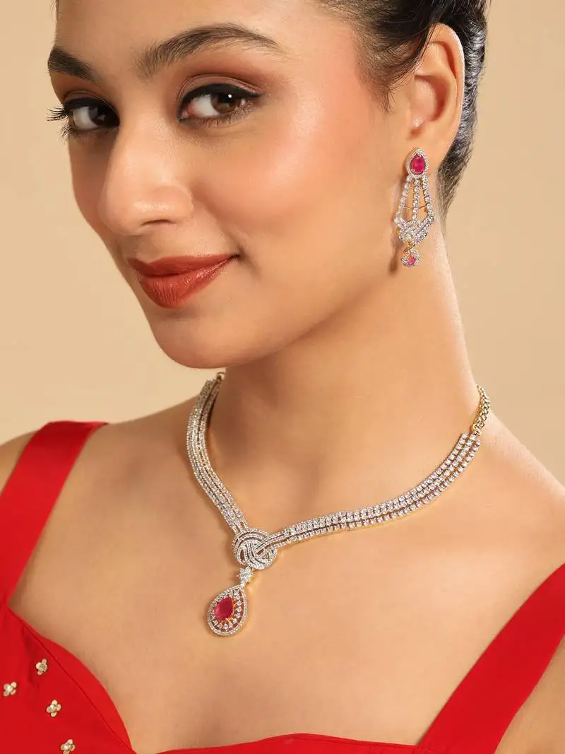 American diamond crimson knot necklace set