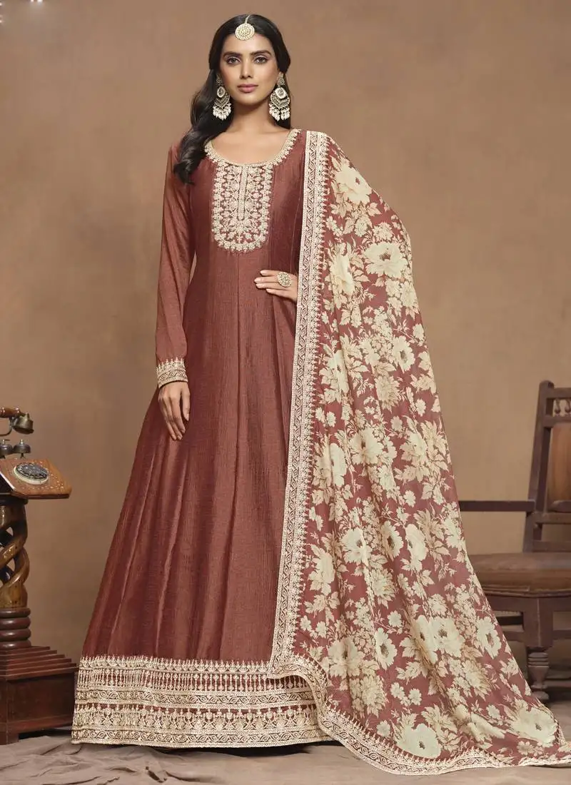 Brown art silk embroidered anarkali suit semi stitched