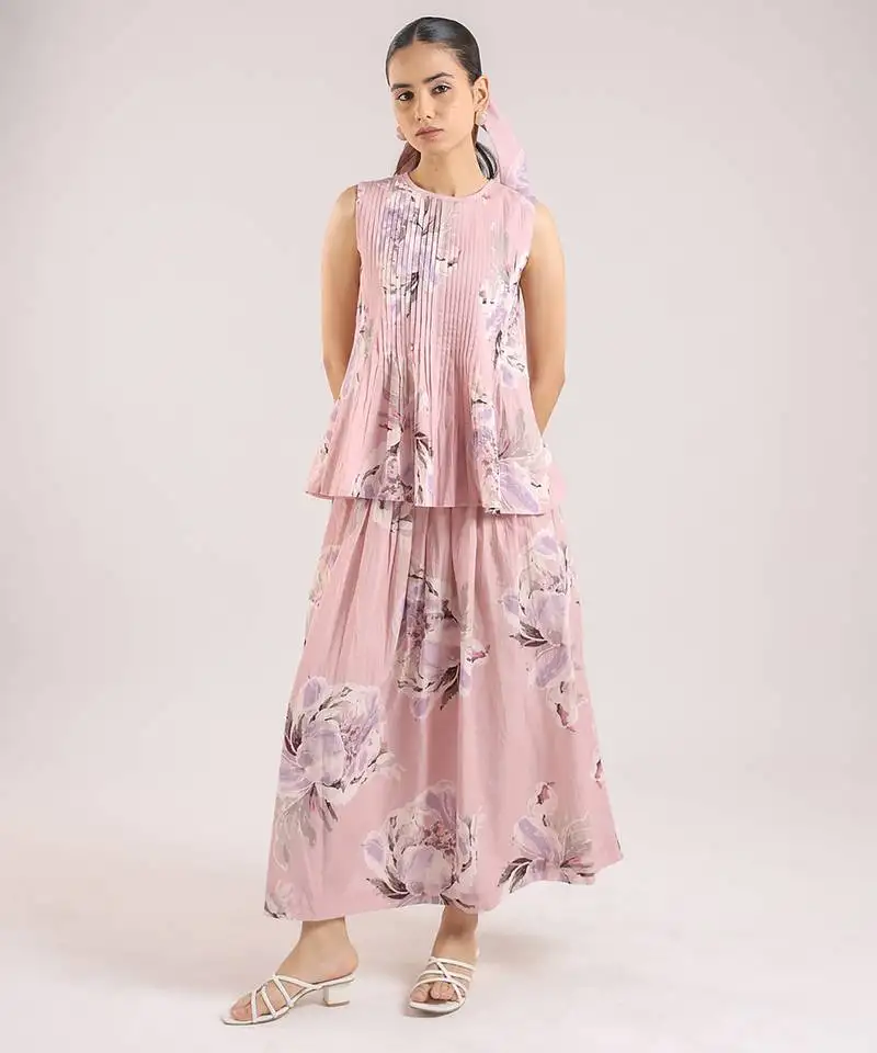 Dusty rose floral printed cotton top and skirt set