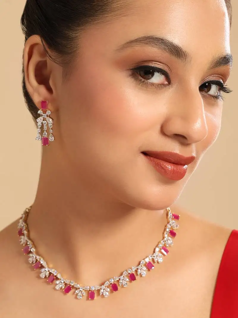American diamond ruby rhythm necklace set