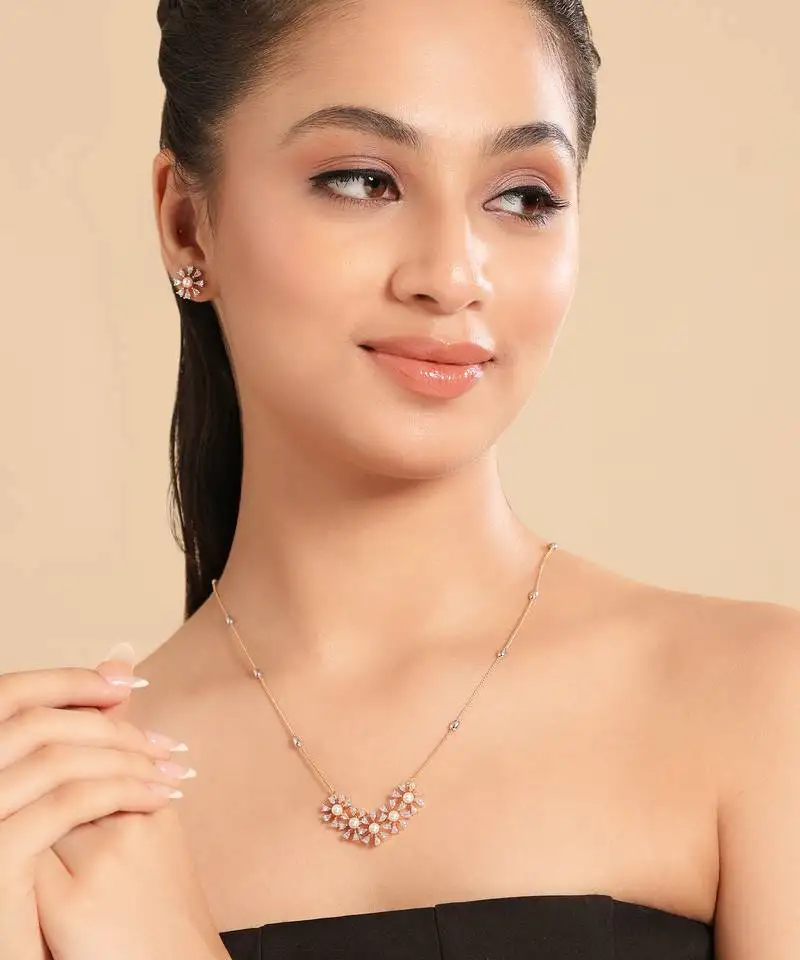 American diamond sunkissed pearl bloom minimal necklace set