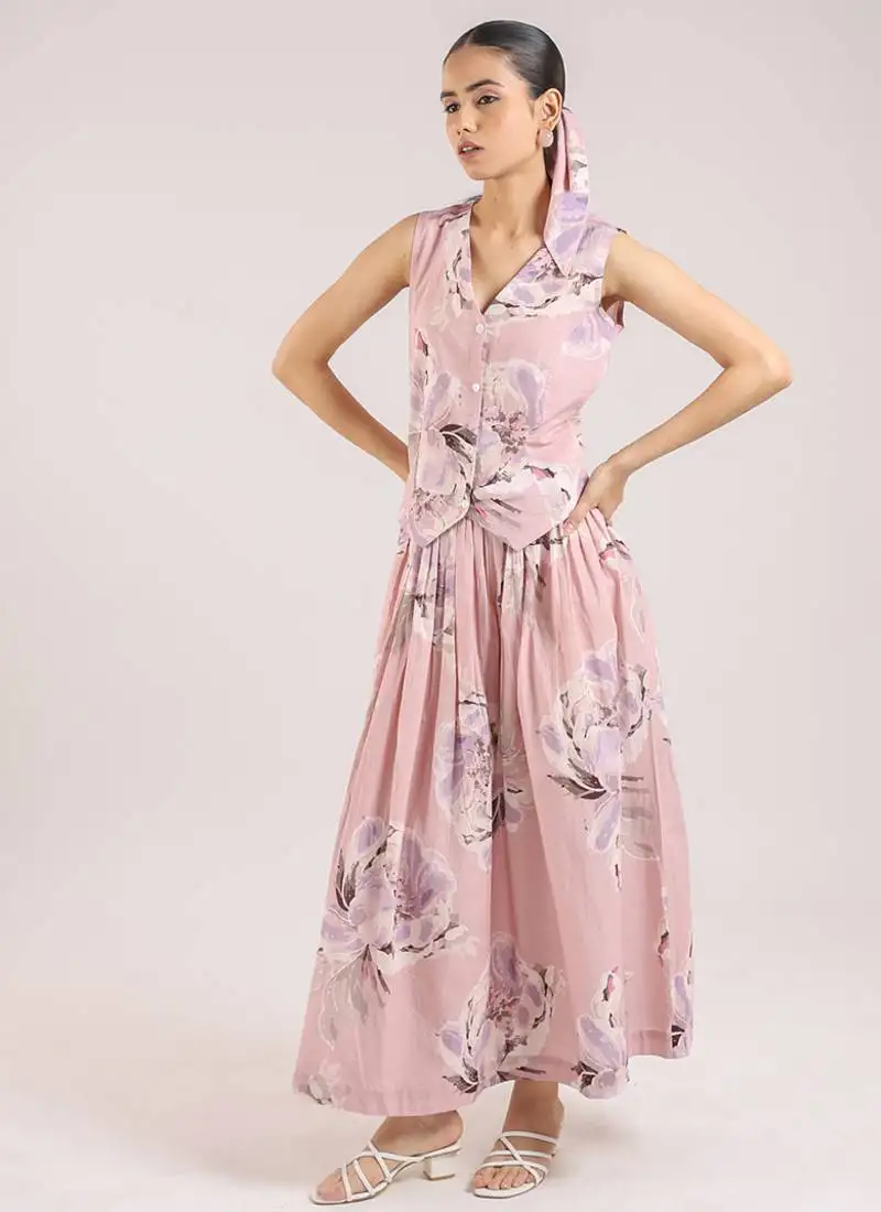 Dusty rose floral printed cotton waist coat with skirt