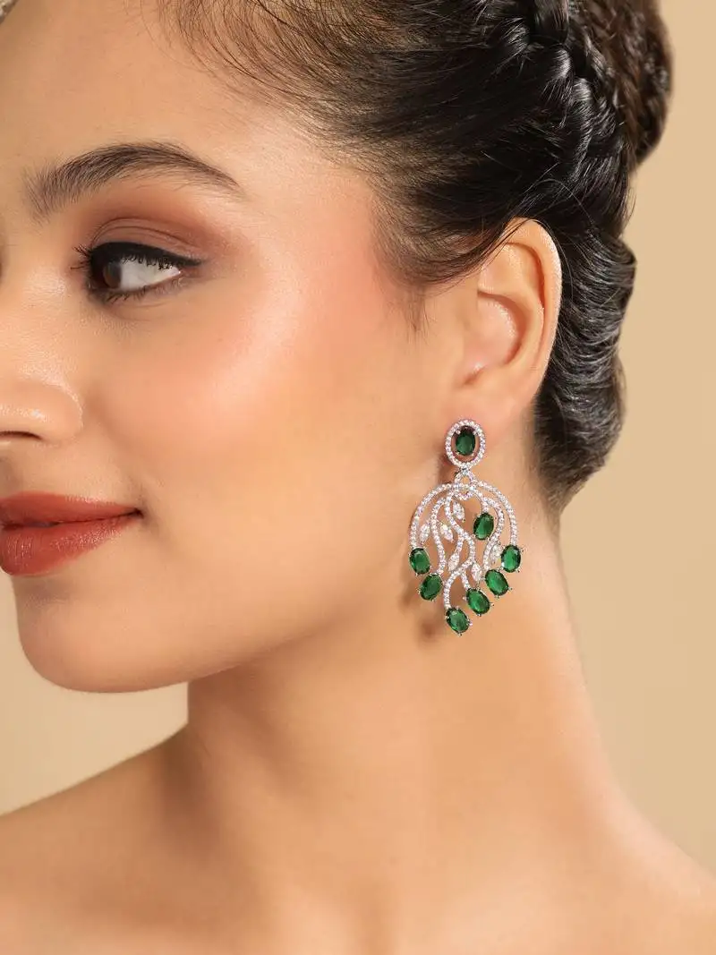 Rhodium plated royale green earrings