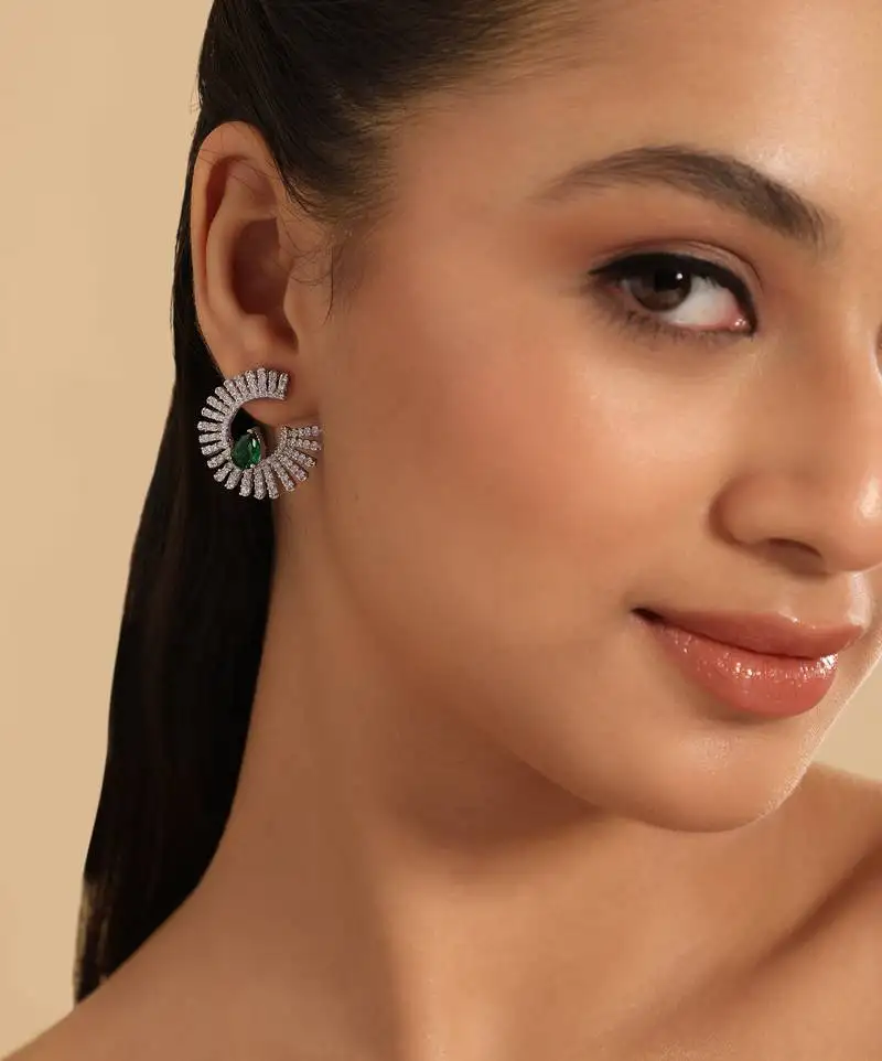 Rhodium plated celestial emerald spark stud earrings