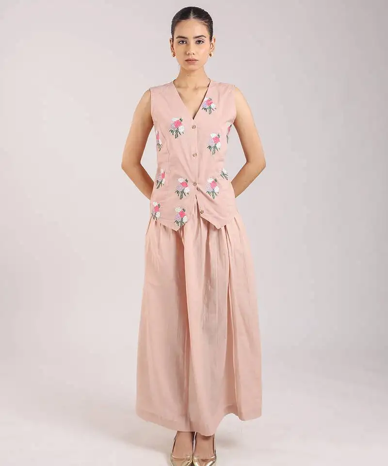 Nude pink floral embroidered cotton waist coat with skirt