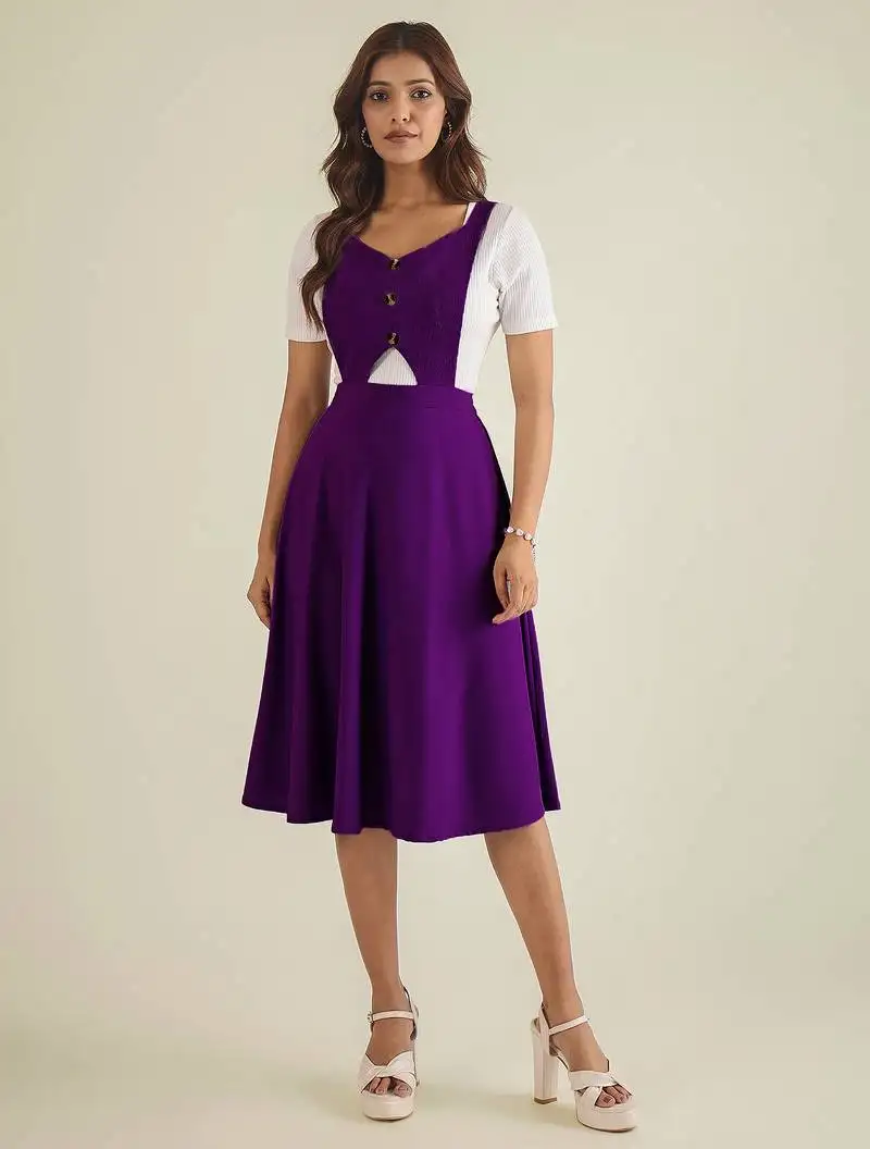 Women purple solid pinafore dress with button