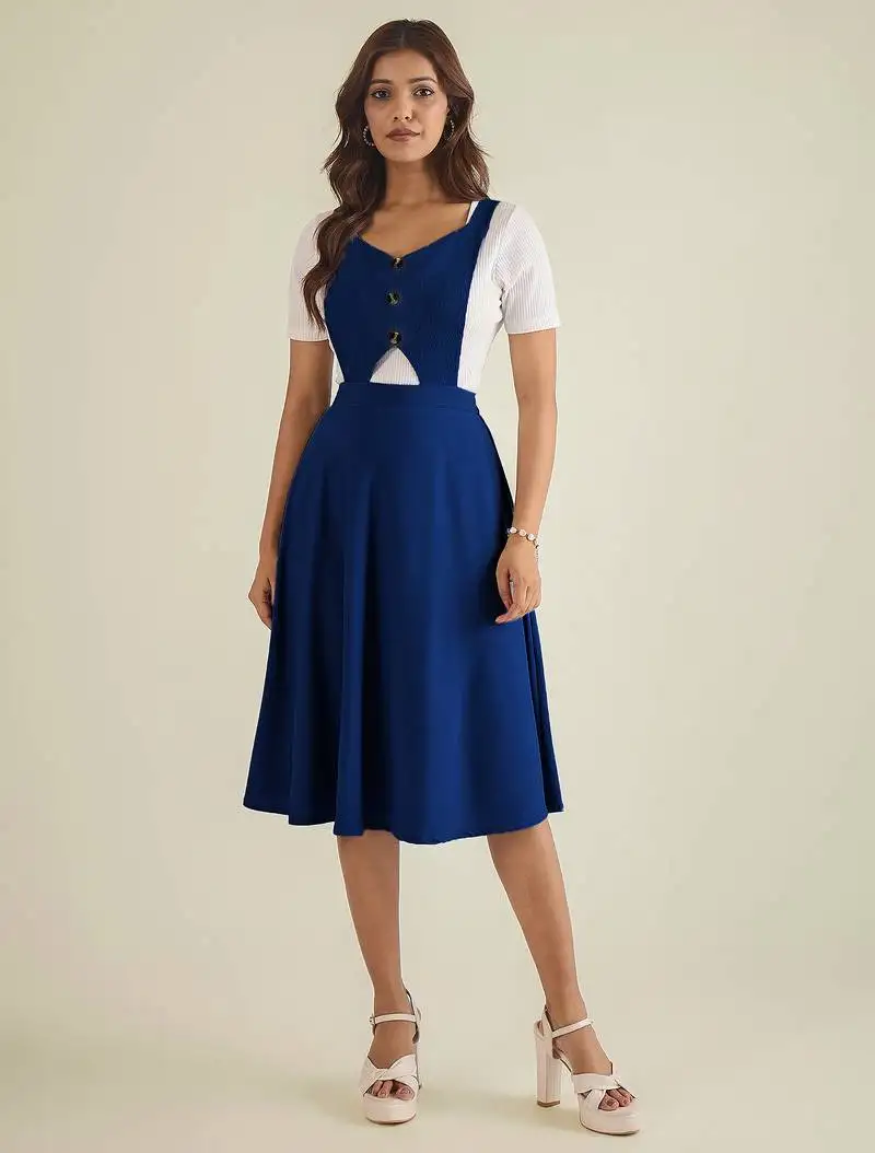 Women blue solid pinafore dress with button