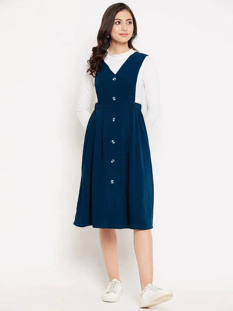 Women blue solid pinafore dress with button stitched