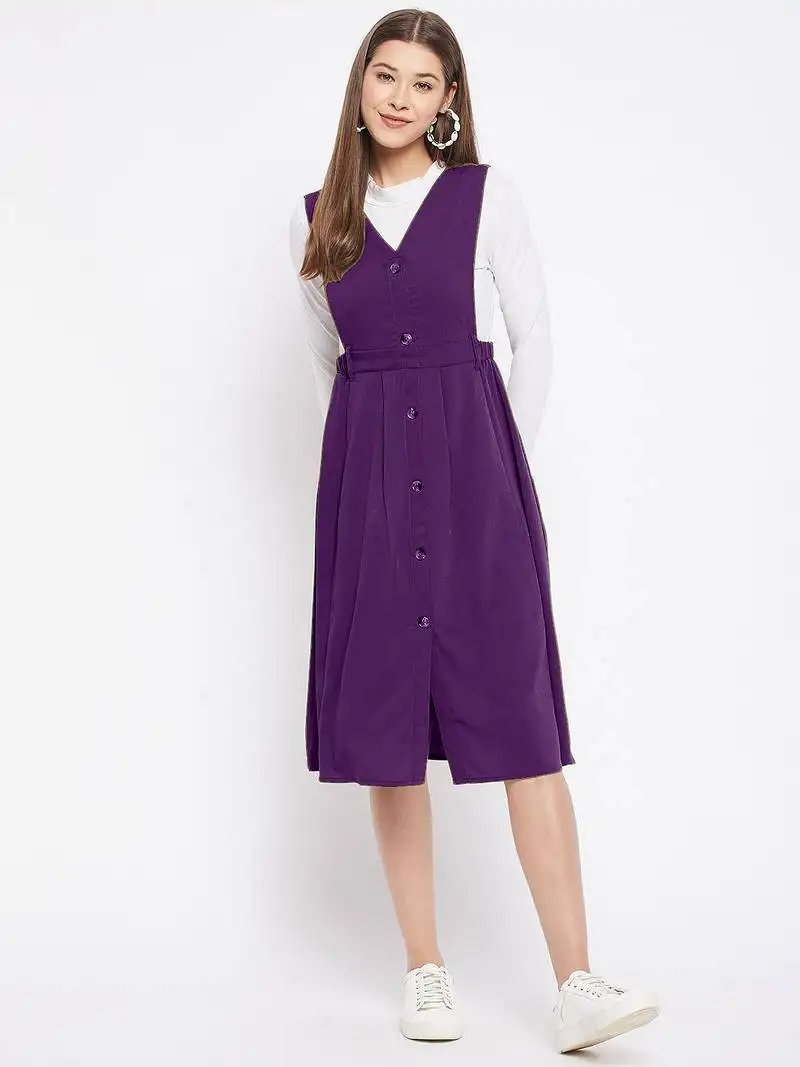 Women purple solid pinafore dress with button stitched