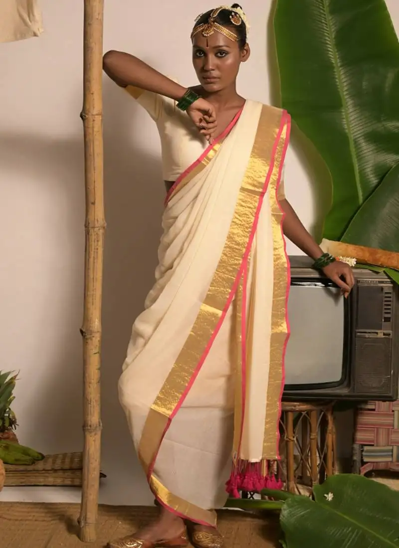 Off white mul cotton handwoven saree with golden and pink border