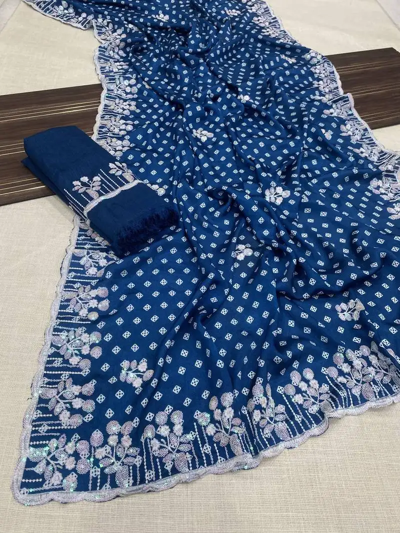 Chinon silk bandhani print pallu sequin and thread work blue saree