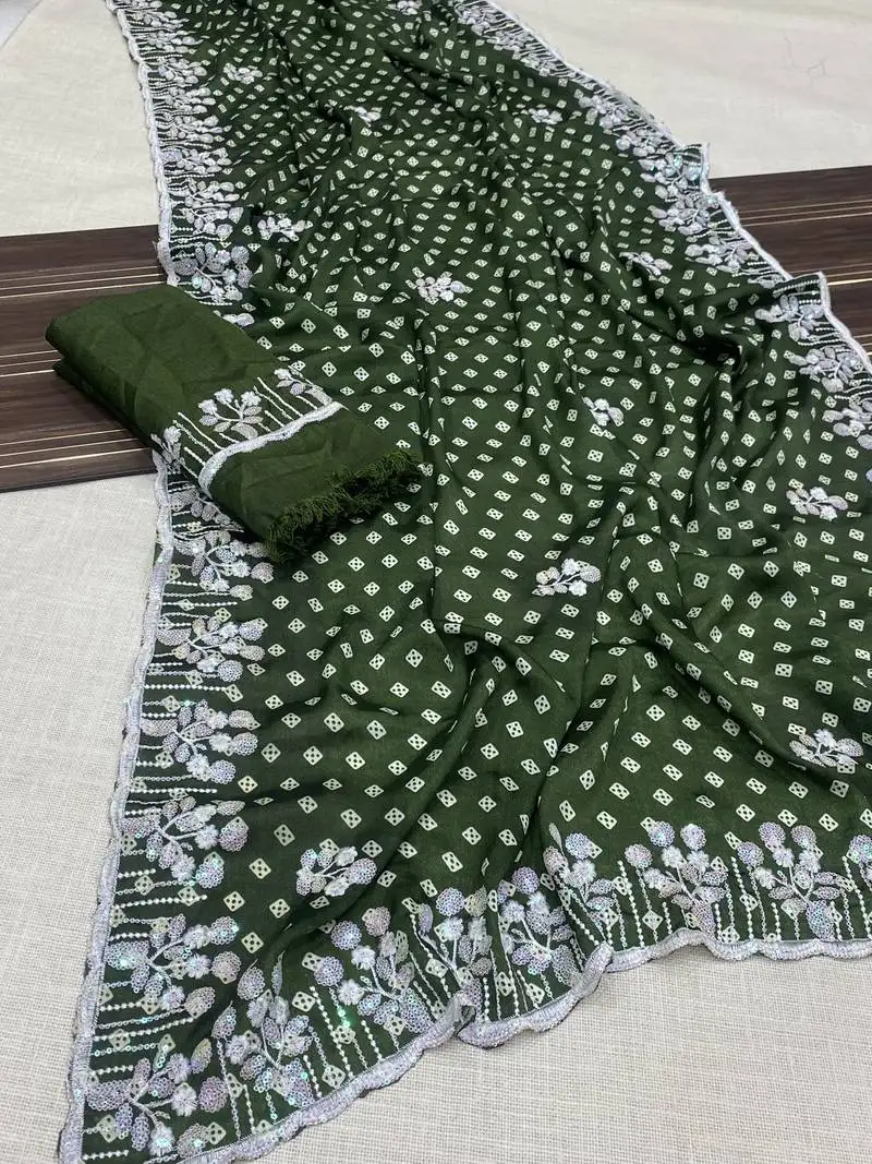 Chinon silk bandhani print pallu sequin and thread work green saree