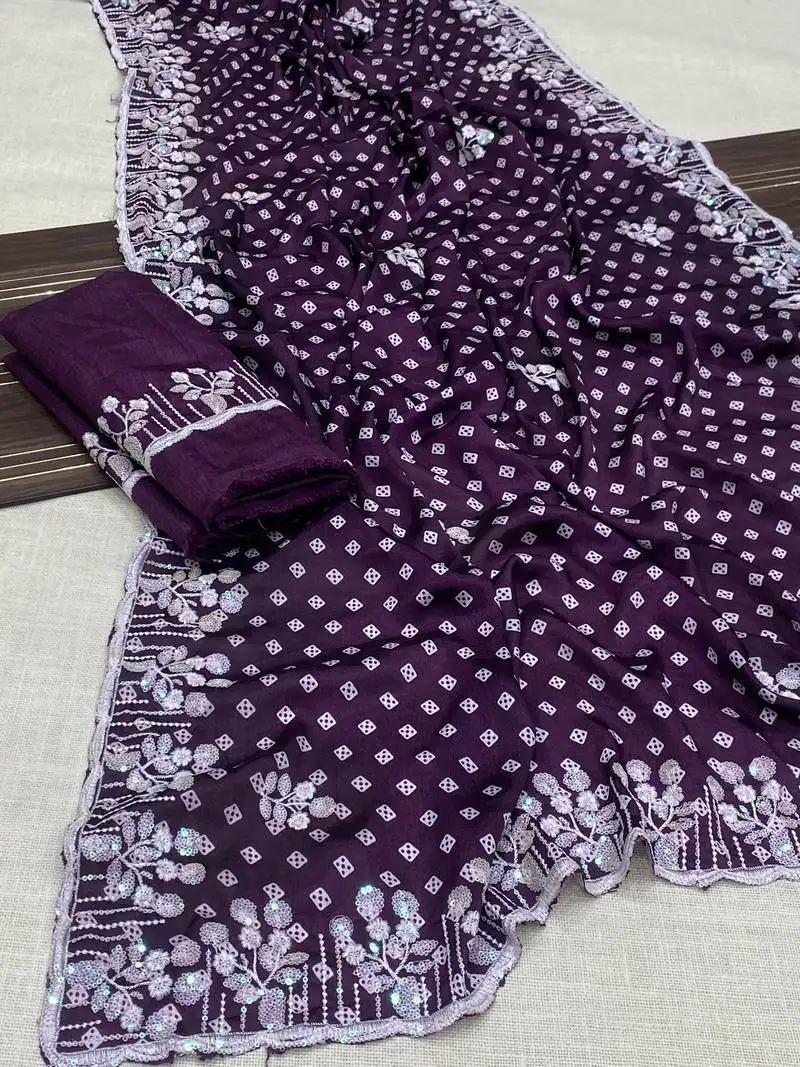 Chinon silk bandhani print pallu sequin and thread work wine saree
