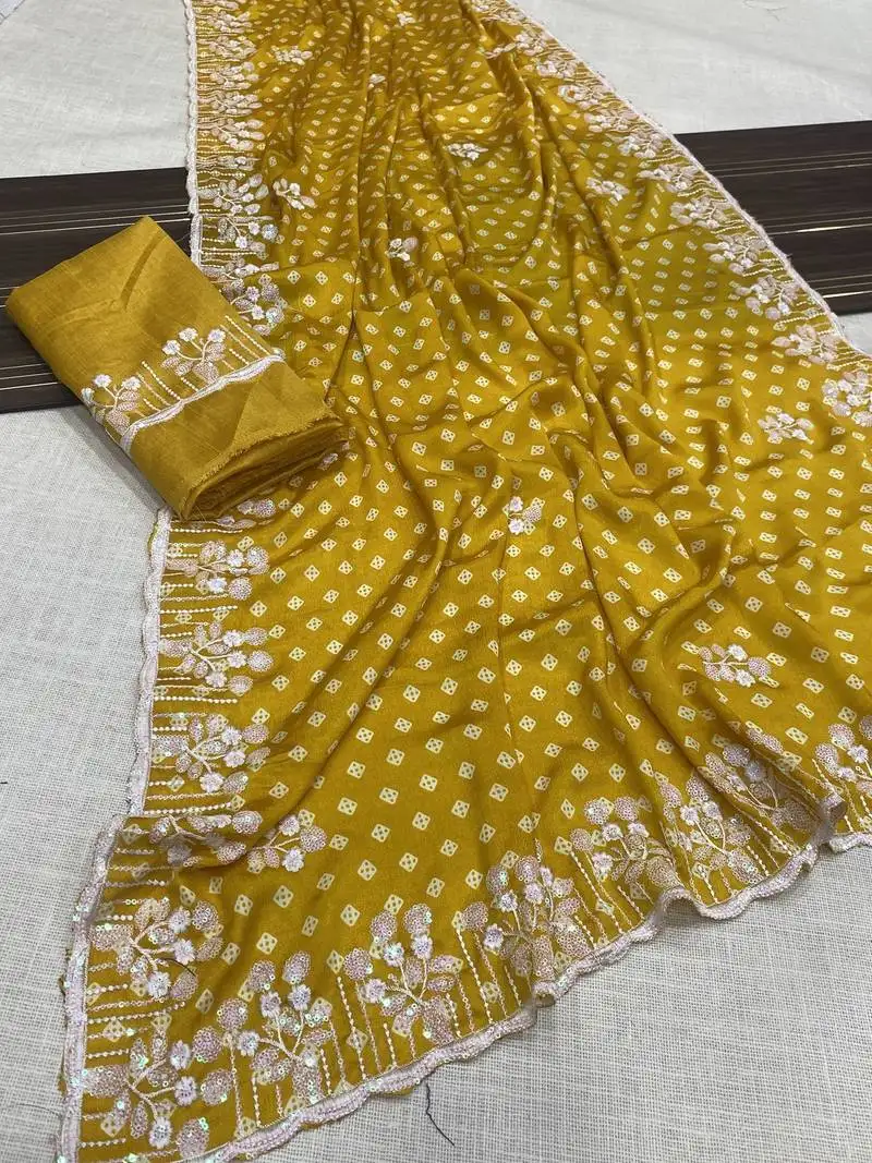 Chinon silk bandhani print pallu sequin and thread work yellow saree