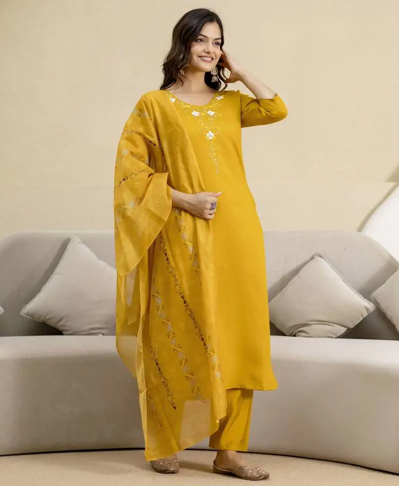 Yellow chanderi embroidery kurta pant with dupatta set stitched