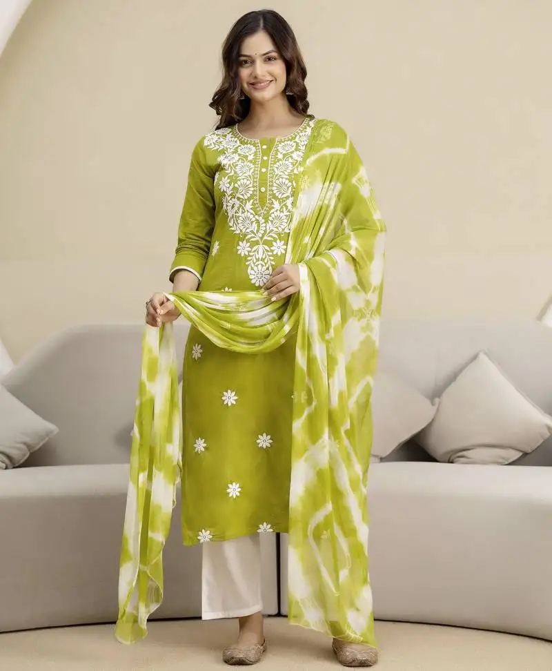 Green cotton embroidery kurta pant with dupatta set stitched