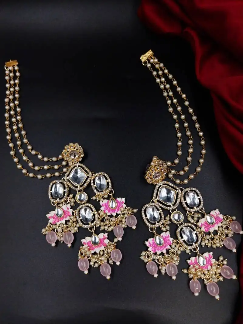Gold-plated kundan pearl & pink bead triple layer earrings with floral detailing for women & girls