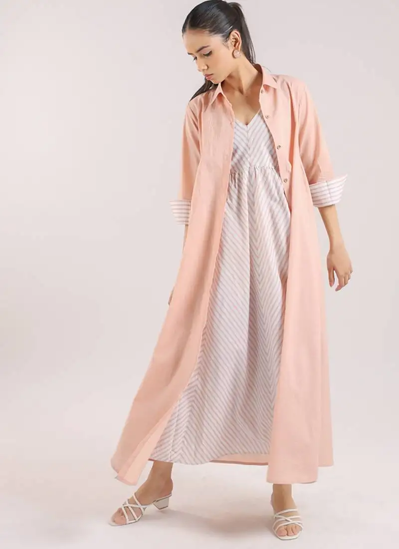 Dust rose flared plain cotton long dress paired and shirt set
