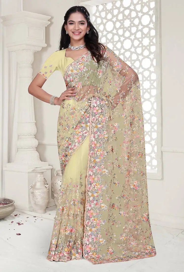 Yellow resham zarkan stone embroidery work net saree