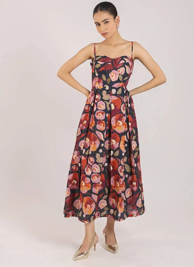 Black floral printed cotton strappy corset dress