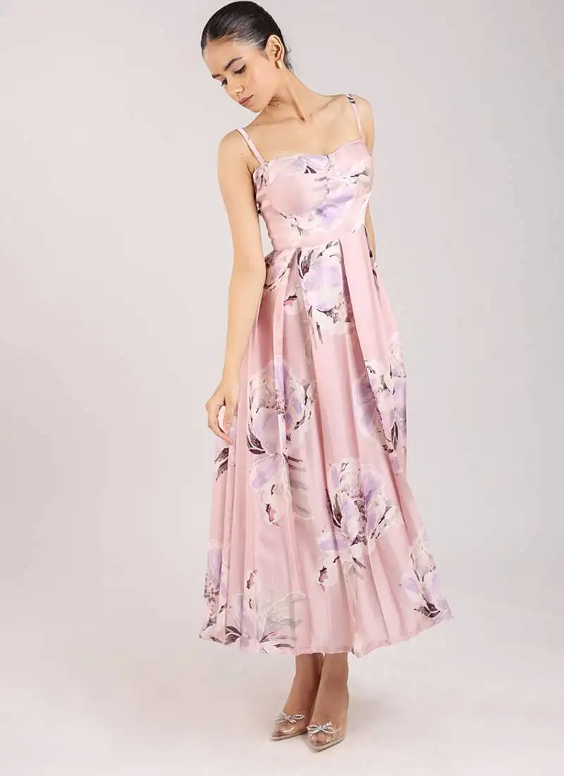 Dust rose floral printed cotton strappy corset dress