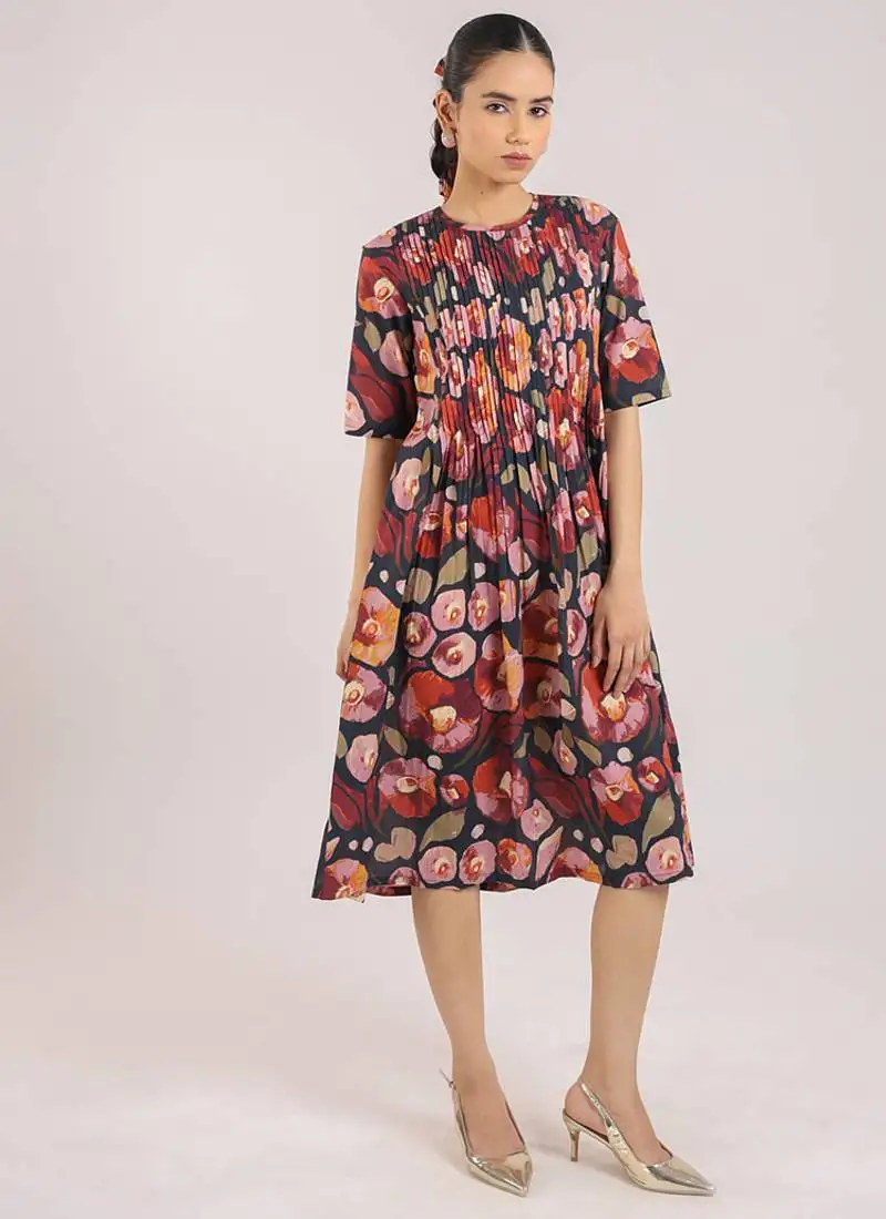 The black floral printed cotton elbow sleeve dress
