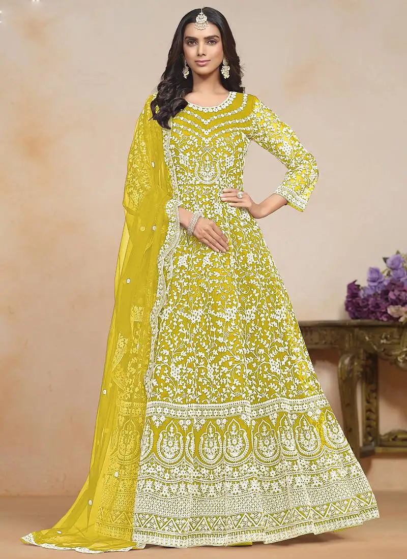 Yellow net embroidered designer anarkali suit semi stitched