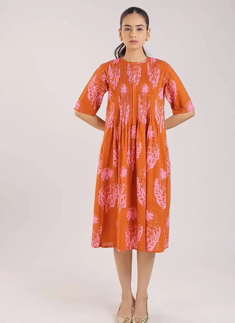 Rust orange floral printed cotton elbow sleeve dress