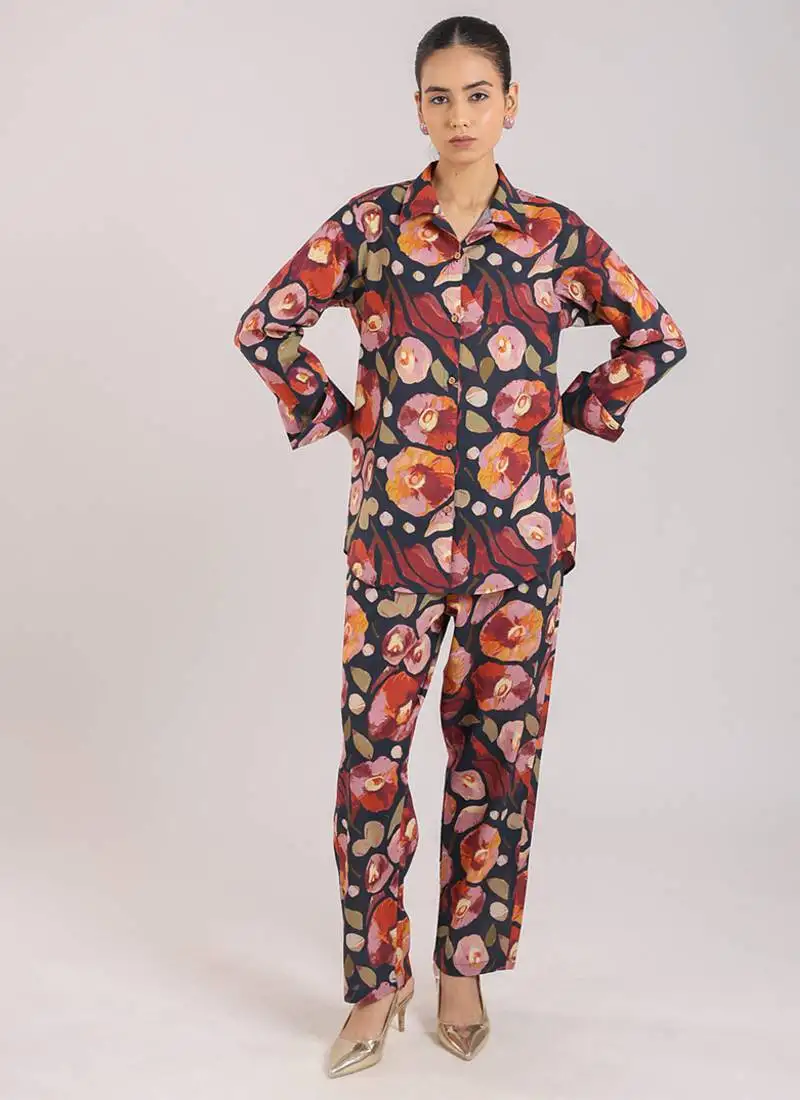 Black floral printed cotton co-ord