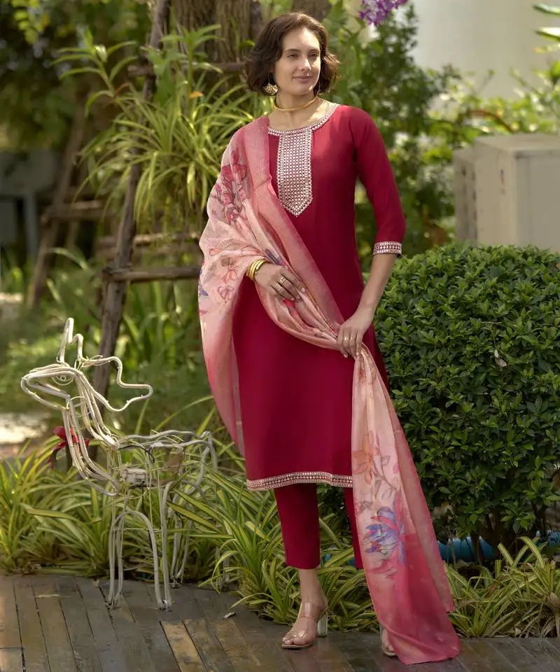 Roman with embroidered work party wear kurti set