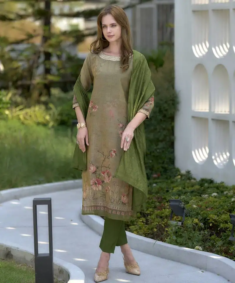 Tissue with floral print and embroidery work kurti set